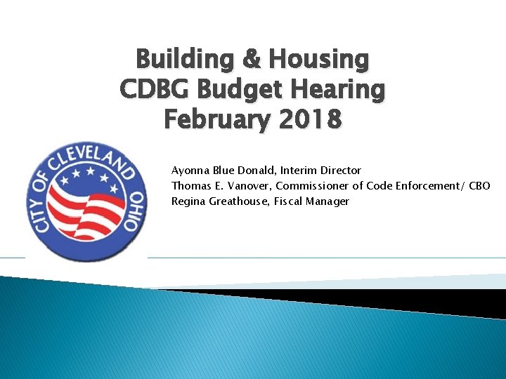 Building & Housing CDBG Budget Hearing February 2018 Ayonna Blue Donald, Interim Director Thomas