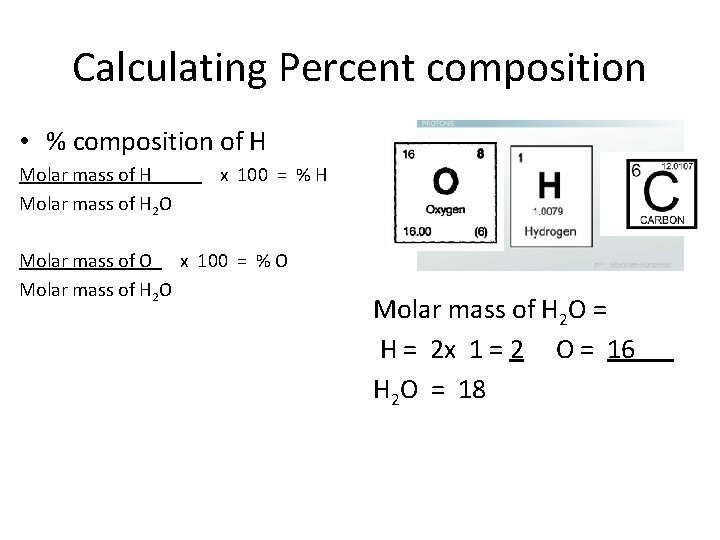 Calculating Percent composition • % composition of H Molar mass of H x 100