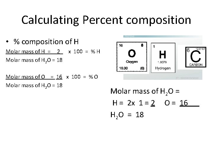 Calculating Percent composition • % composition of H Molar mass of H = 2