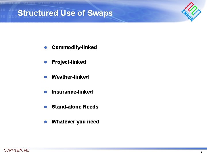 Structured Use of Swaps CONFIDENTIAL l Commodity-linked l Project-linked l Weather-linked l Insurance-linked l
