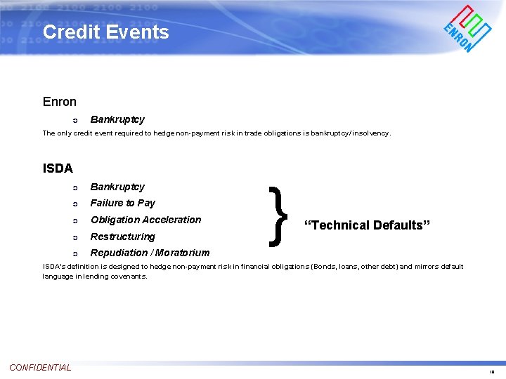 Credit Events Enron Ü Bankruptcy The only credit event required to hedge non-payment risk