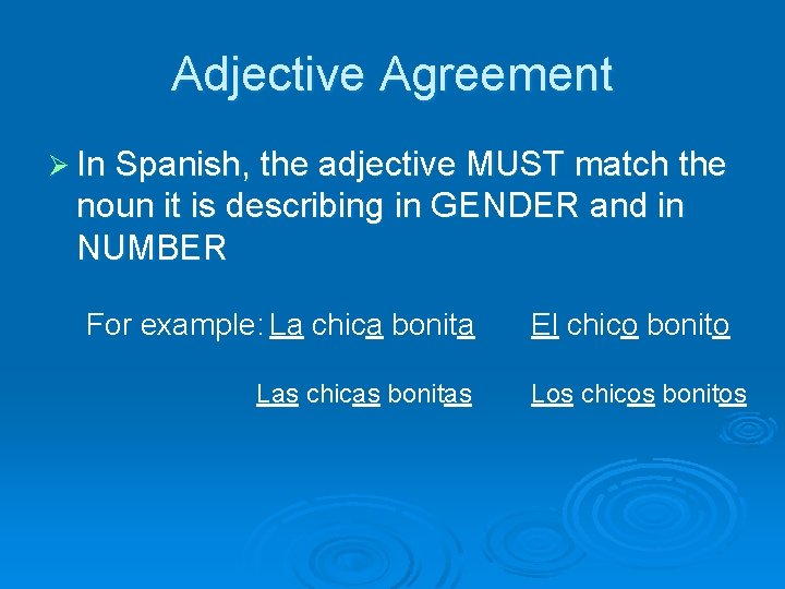 Adjective Agreement Ø In Spanish, the adjective MUST match the noun it is describing