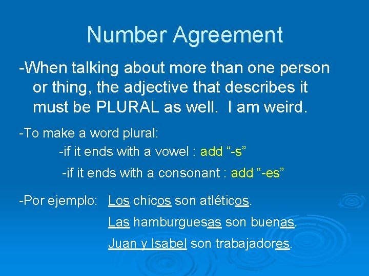 Number Agreement -When talking about more than one person or thing, the adjective that