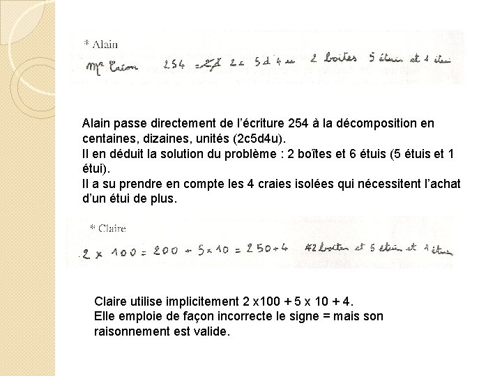 Alain passe directement de l’écriture 254 à la décomposition en centaines, dizaines, unités Alain passe directement de l’écriture 254 à la décomposition en centaines, dizaines, unités