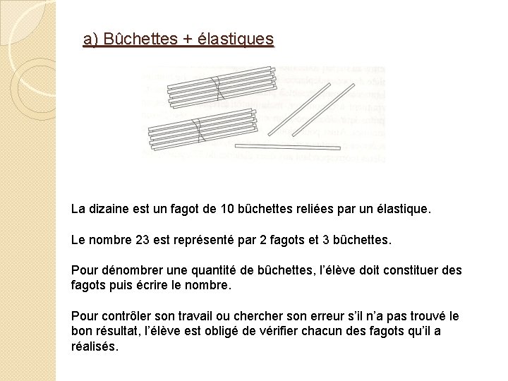 a) Bûchettes + élastiques La dizaine est un fagot de 10 bûchettes reliées par a) Bûchettes + élastiques La dizaine est un fagot de 10 bûchettes reliées par