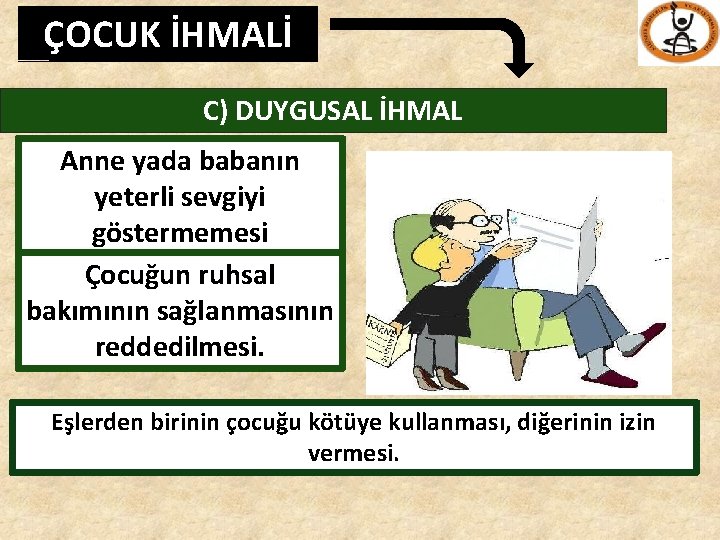 ÇOCUK İHMALİ C) DUYGUSAL İHMAL Anne yada babanın yeterli sevgiyi göstermemesi Çocuğun ruhsal bakımının