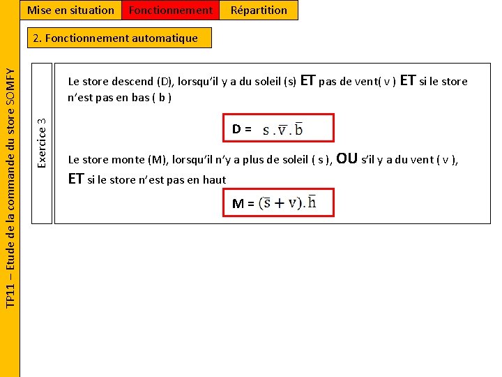 Mise en situation Fonctionnement Répartition Le store descend (D), lorsqu’il y a du soleil