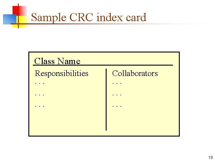 Sample CRC index card Class Name Responsibilities . . Collaborators . . 18 