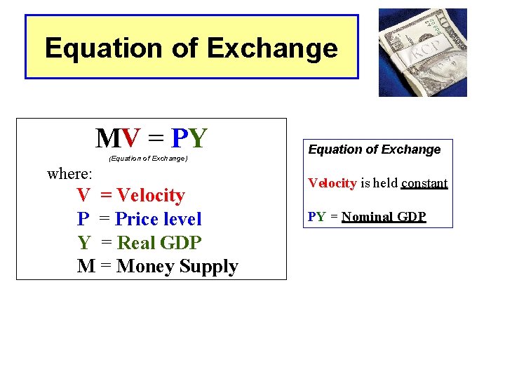 Equation of Exchange MV = PY (Equation of Exchange) where: V = Velocity P