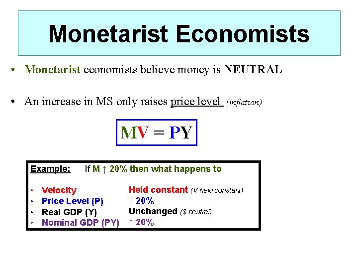 Monetarist Economists • Monetarist economists believe money is NEUTRAL • An increase in MS