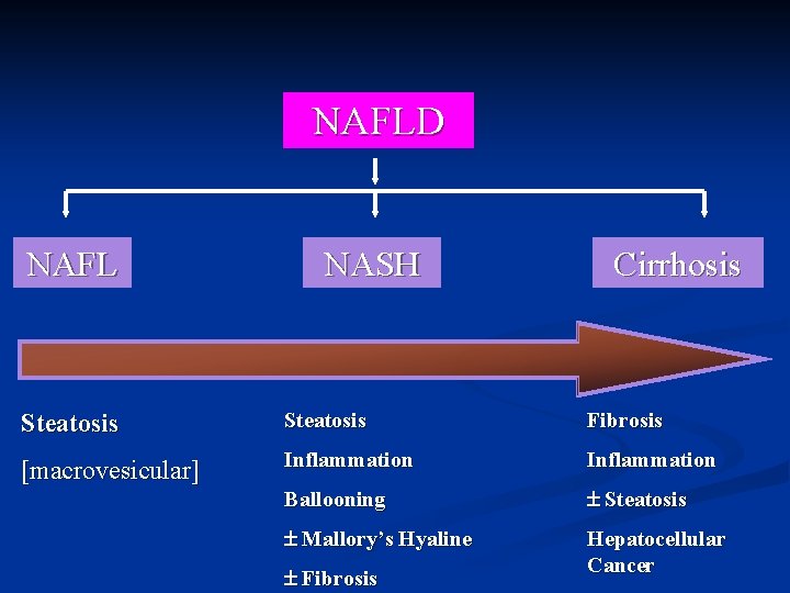 NAFLD NAFL NASH Cirrhosis Steatosis Fibrosis [macrovesicular] Inflammation Ballooning Steatosis Mallory’s Hyaline Hepatocellular Cancer