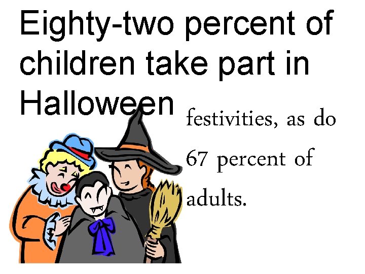 Eighty-two percent of children take part in Halloween festivities, as do 67 percent of