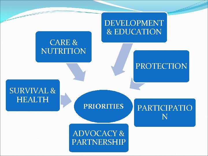 DEVELOPMENT & EDUCATION CARE & NUTRITION PROTECTION SURVIVAL & HEALTH PRIORITIES ADVOCACY & PARTNERSHIP