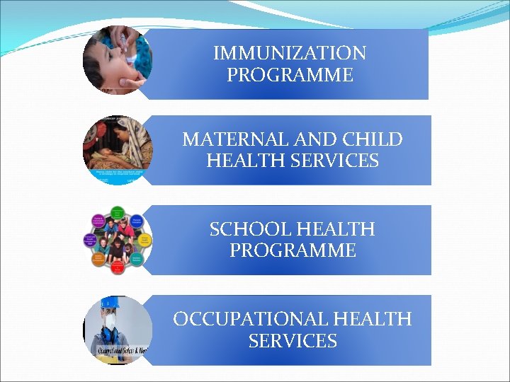 IMMUNIZATION PROGRAMME MATERNAL AND CHILD HEALTH SERVICES SCHOOL HEALTH PROGRAMME OCCUPATIONAL HEALTH SERVICES 