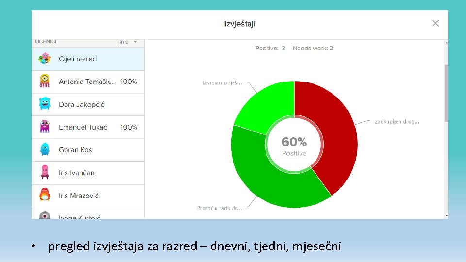  • pregled izvještaja za razred – dnevni, tjedni, mjesečni 