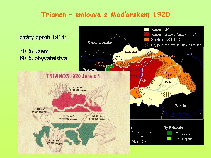 Trianon – smlouva s Maďarskem 1920 ztráty oproti 1914: 70 % území 60 %