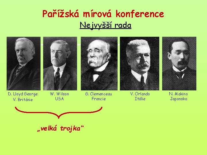 Pařížská mírová konference Nejvyšší rada D. Lloyd George V. Británie W. Wilson USA „velká