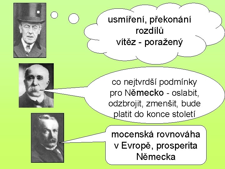 usmíření, překonání rozdílů vítěz - poražený co nejtvrdší podmínky pro Německo - oslabit, odzbrojit,
