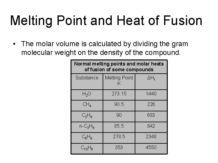 Melting Point and Heat of Fusion • The molar volume is calculated by dividing