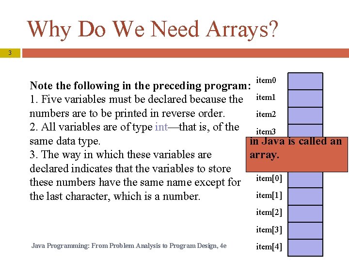 Why Do We Need Arrays? 3 item 0 Note the following in the preceding