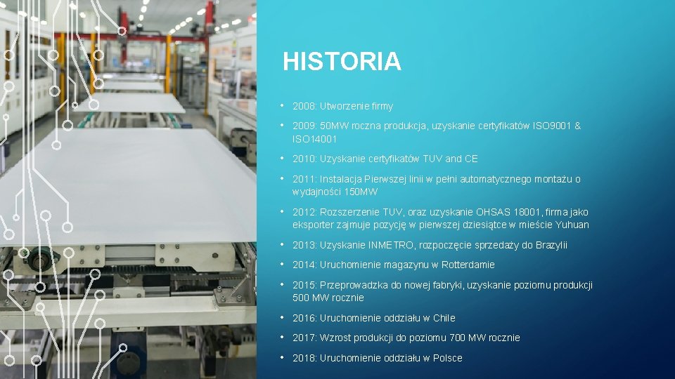 HISTORIA • 2008: Utworzenie firmy • 2009: 50 MW roczna produkcja, uzyskanie certyfikatów ISO