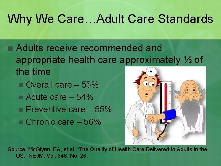 Why We Care…Adult Care Standards n Adults receive recommended and appropriate health care approximately