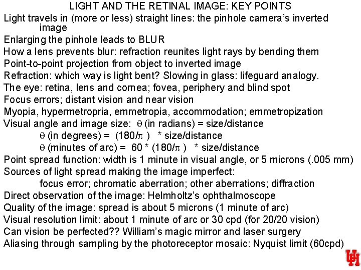 LIGHT AND THE RETINAL IMAGE: KEY POINTS Light travels in (more or less) straight