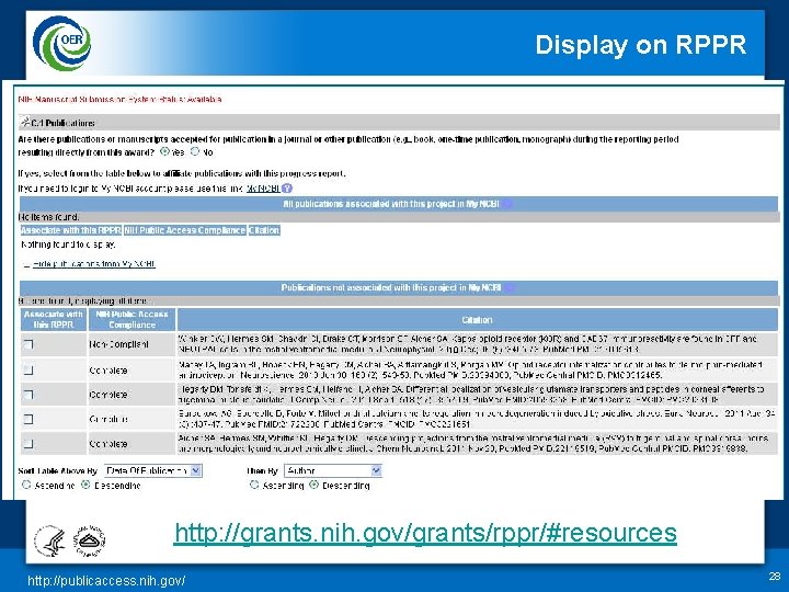 Display on RPPR 10 http: //grants. nih. gov/grants/rppr/#resources http: //publicaccess. nih. gov/ 28 