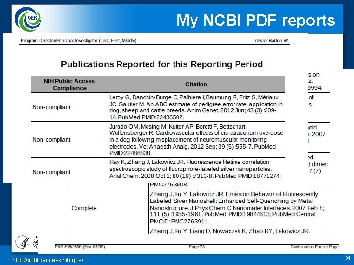 My NCBI PDF reports http: //publicaccess. nih. gov/ 31 