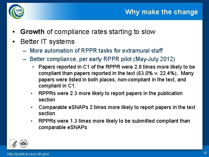 Why make the change • Growth of compliance rates starting to slow • Better