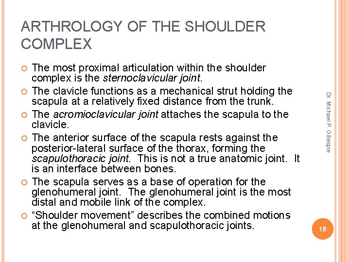 ARTHROLOGY OF THE SHOULDER COMPLEX Dr. Michael P. Gillespie The most proximal articulation within