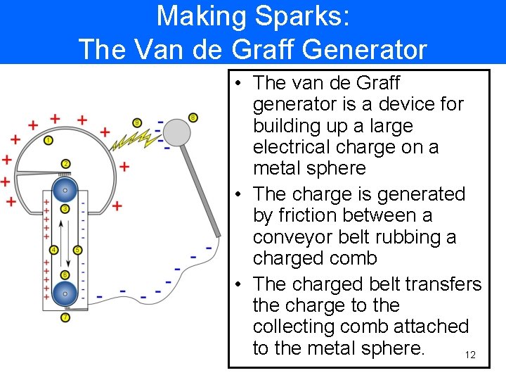 Making Sparks: The Van de Graff Generator • The van de Graff generator is