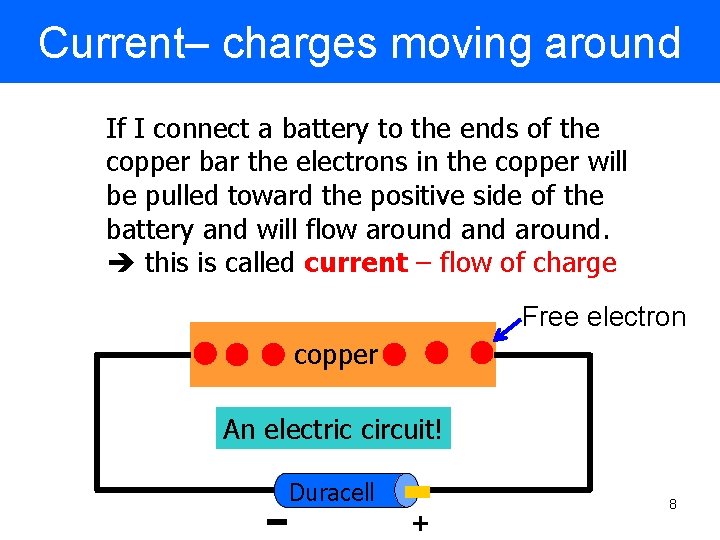 Current– charges moving around If I connect a battery to the ends of the