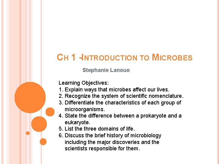 CH 1 -INTRODUCTION TO MICROBES Stephanie Lanoue Learning Objectives: 1. Explain ways that microbes