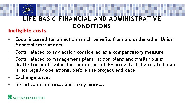 LIFE BASIC FINANCIAL AND ADMINISTRATIVE CONDITIONS Ineligible costs • Costs incurred for an action