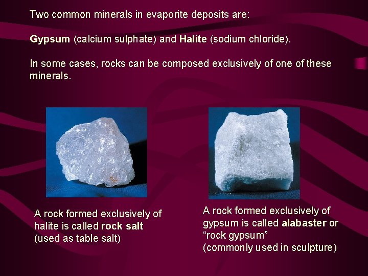 Two common minerals in evaporite deposits are: Gypsum (calcium sulphate) and Halite (sodium chloride).