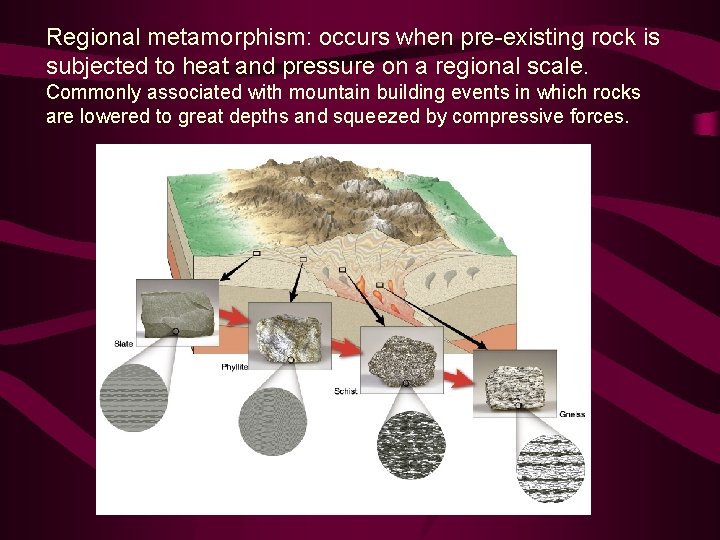 Regional metamorphism: occurs when pre-existing rock is subjected to heat and pressure on a