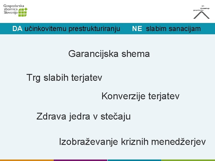 DA učinkovitemu prestrukturiranju NE slabim sanacijam Garancijska shema Trg slabih terjatev Konverzije terjatev Zdrava