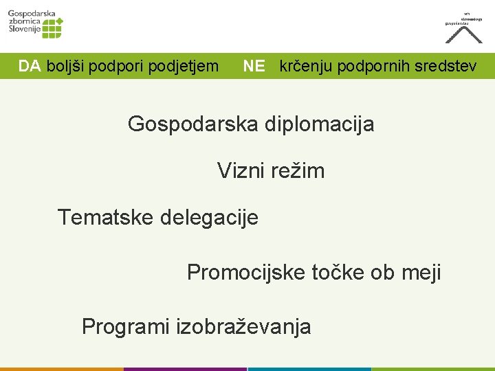 DA boljši podpori podjetjem NE krčenju podpornih sredstev Gospodarska diplomacija Vizni režim Tematske delegacije