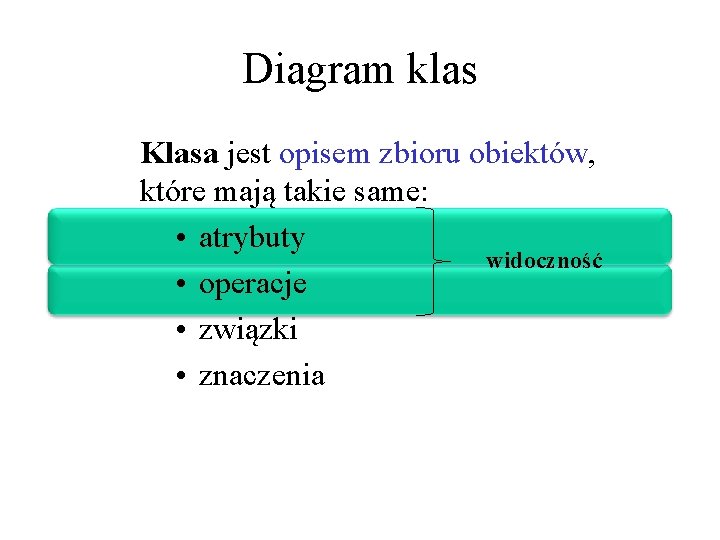 Diagram klas Klasa jest opisem zbioru obiektów, które mają takie same: • atrybuty widoczność
