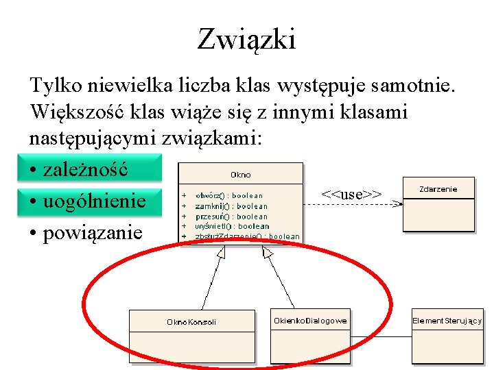 Związki Tylko niewielka liczba klas występuje samotnie. Większość klas wiąże się z innymi klasami