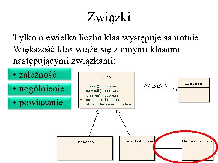 Związki Tylko niewielka liczba klas występuje samotnie. Większość klas wiąże się z innymi klasami