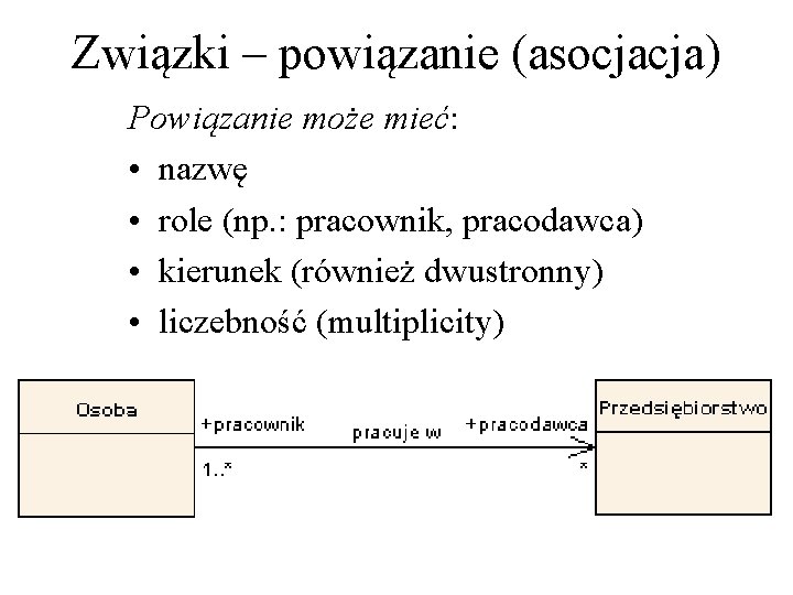 Związki – powiązanie (asocjacja) Powiązanie może mieć: • nazwę • role (np. : pracownik,