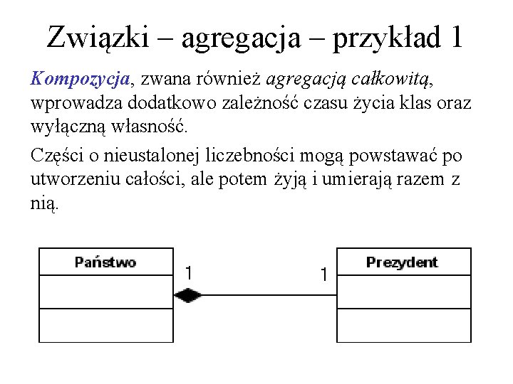 Związki – agregacja – przykład 1 Kompozycja, zwana również agregacją całkowitą, wprowadza dodatkowo zależność