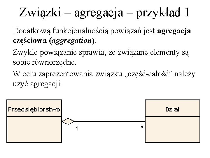Związki – agregacja – przykład 1 Dodatkową funkcjonalnością powiązań jest agregacja częściowa (aggregation). Zwykle