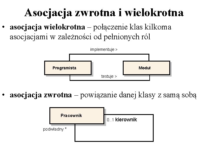 Asocjacja zwrotna i wielokrotna • asocjacja wielokrotna – połączenie klas kilkoma asocjacjami w zależności