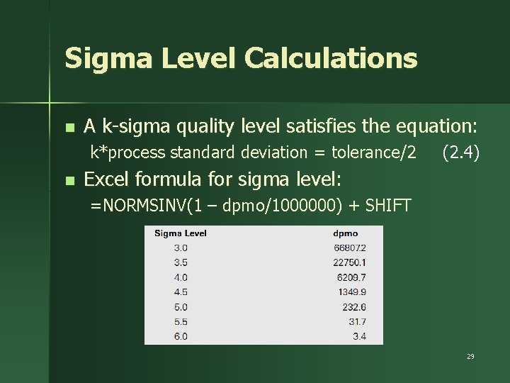Sigma Level Calculations n A k-sigma quality level satisfies the equation: k*process standard deviation