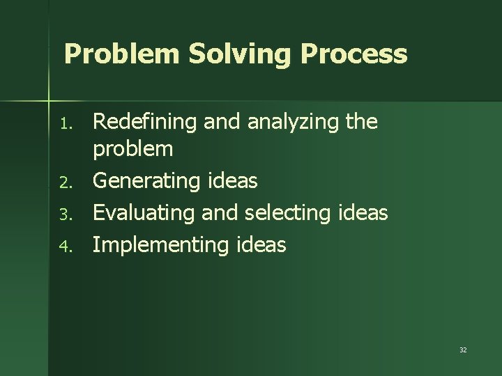 Problem Solving Process 1. 2. 3. 4. Redefining and analyzing the problem Generating ideas