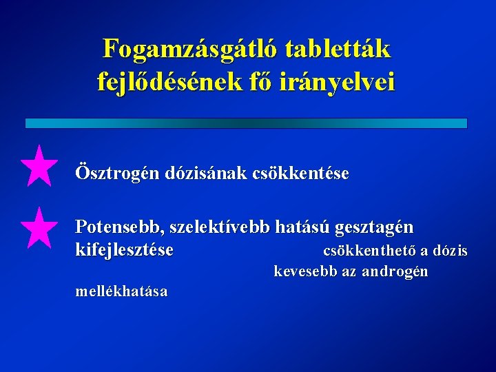 Fogamzásgátló tabletták fejlődésének fő irányelvei Ösztrogén dózisának csökkentése Potensebb, szelektívebb hatású gesztagén kifejlesztése csökkenthető