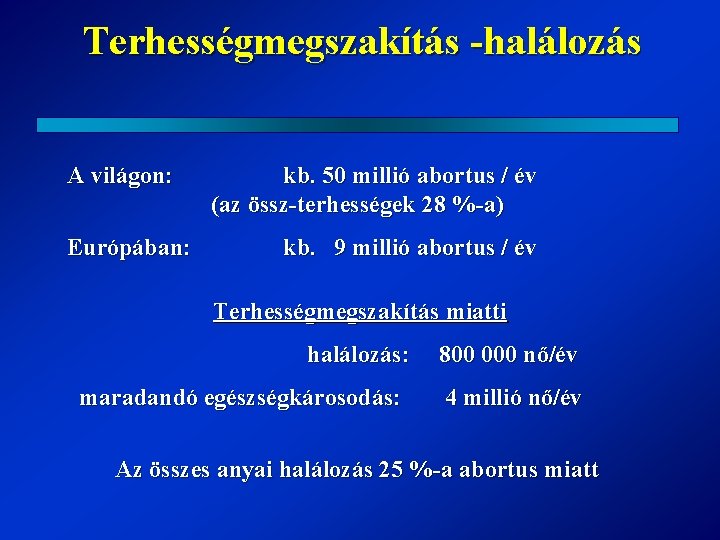 Terhességmegszakítás -halálozás A világon: Európában: kb. 50 millió abortus / év (az össz-terhességek 28